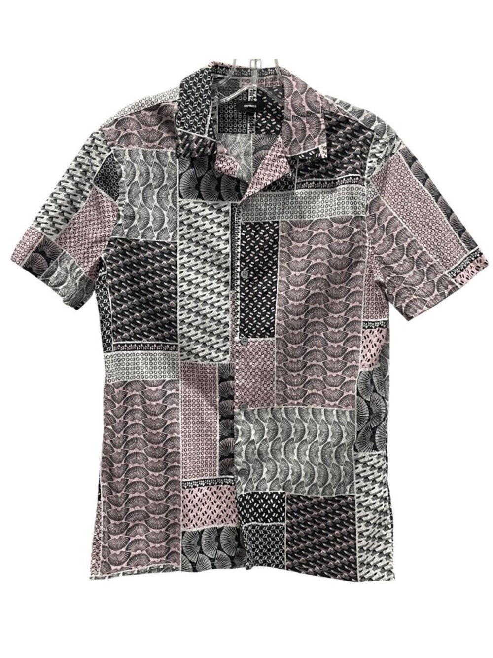 Express Mens Patchwork Geometric Short Sleeve Button Up Shirt XS Casual Weekend